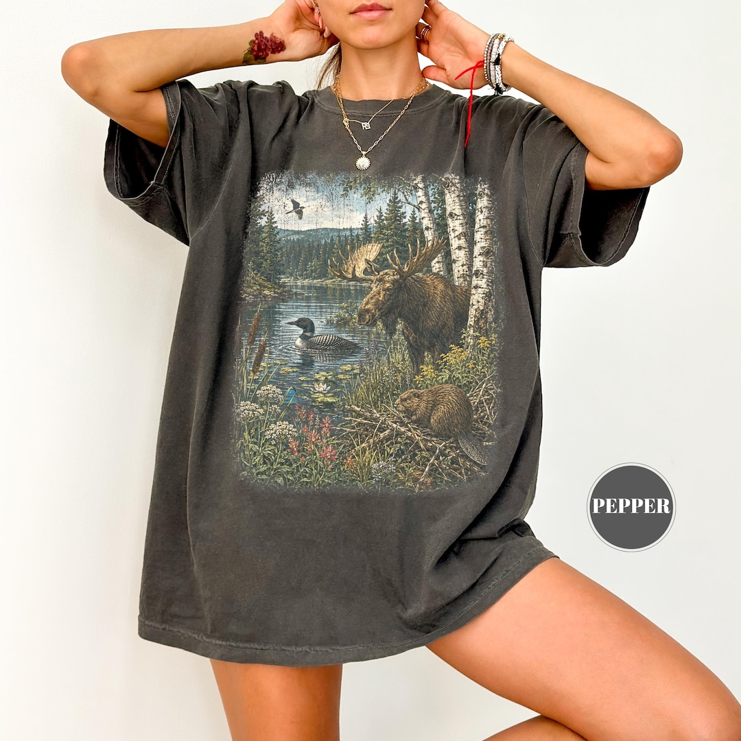 Vintage Nature Wildlife T-Shirt, North Woods Tee, Cottagecore Lake Loon Graphic, Oversized