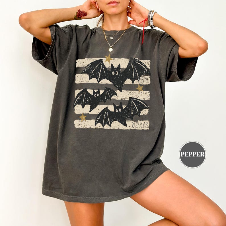 Vintage Bat Halloween T-Shirt, Retro Spooky Season Tee, Comfort Colors Fall Top, Boho Witchy Goth Apparel, Cute Oversized Cottagecore Gift image 9
