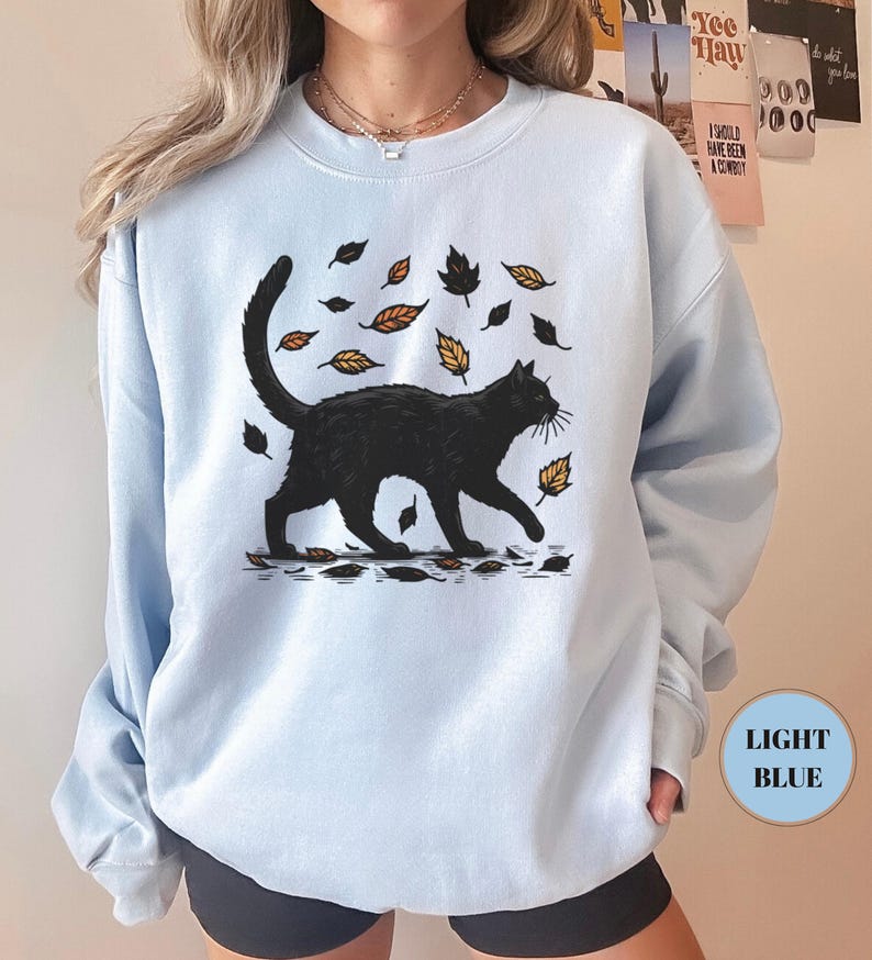 Black Cat Autumn Sweatshirt, Cat Graphic Tee, Gift For Cat Lovers, Cat Moms, Cozy Women Sweatshirt, Kitten Mom Sweater, Comfy Fall T-Shirt image 4