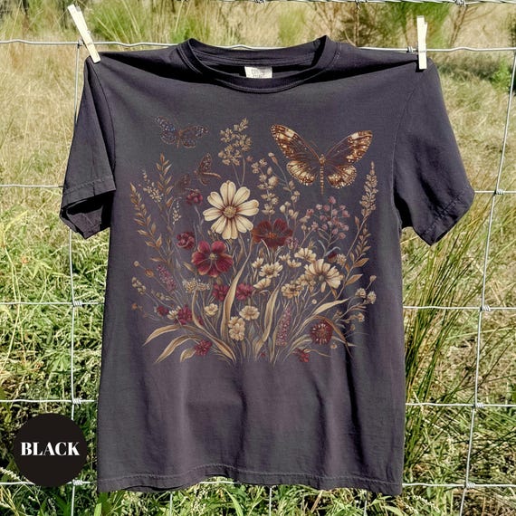 Bohemian Floral Comfort Colors® T-Shirt, Cottagecore Wildflower Butterfly Shirt, Botanical Tshirt, Boho Pressed Flower Tee, Cute Nature Gift