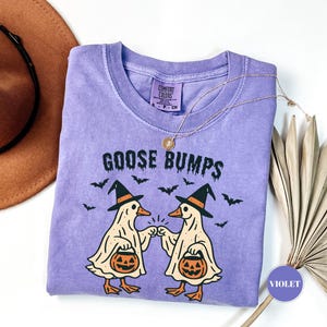 May include: Violet-colored t-shirt with the words "GOOSE BUMPS" and a graphic of two cartoon geese wearing witch hats and holding pumpkin buckets. The shirt has a crew neck and short sleeves. A gold necklace and a brown hat are also visible.