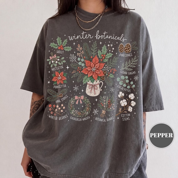 Winter Botanicals T-Shirt, Cottagecore Christmas Tee, Comfort Colors Holiday Plant Lover Gift, Floral Xmas Tshirt, Aesthetic Winter Present