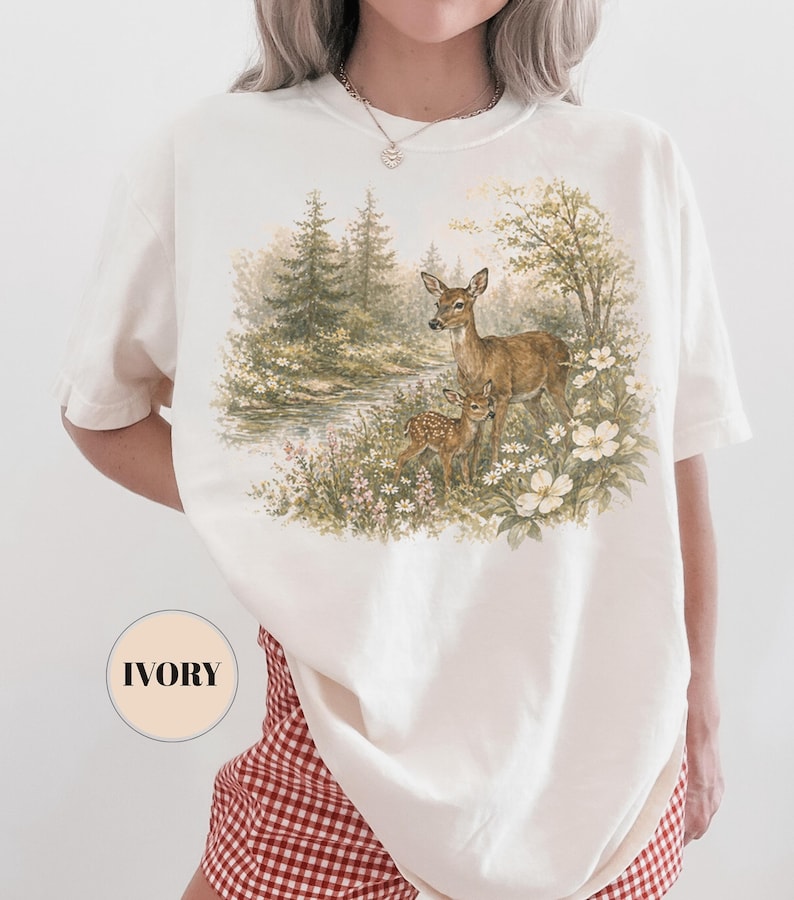 May include: Ivory-colored t-shirt featuring a detailed illustration of a deer and fawn in a forest setting. The artwork includes a river, trees, and white flowers. The shirt has short sleeves and a round neckline. The word "IVORY" is printed on a circle.