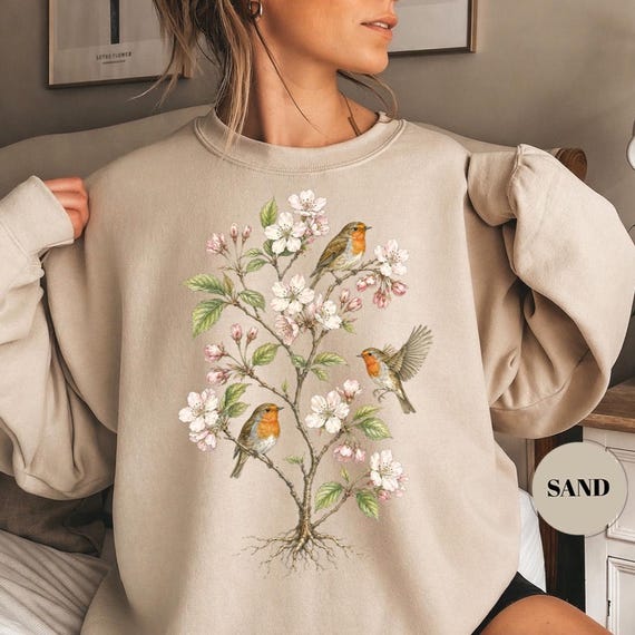 Robin Cherry Blossom Sweatshirt, Cottagecore Floral Crewneck, Vintage Botanical Pullover, Spring Nature Sweater, Bird Lover Gift for Her