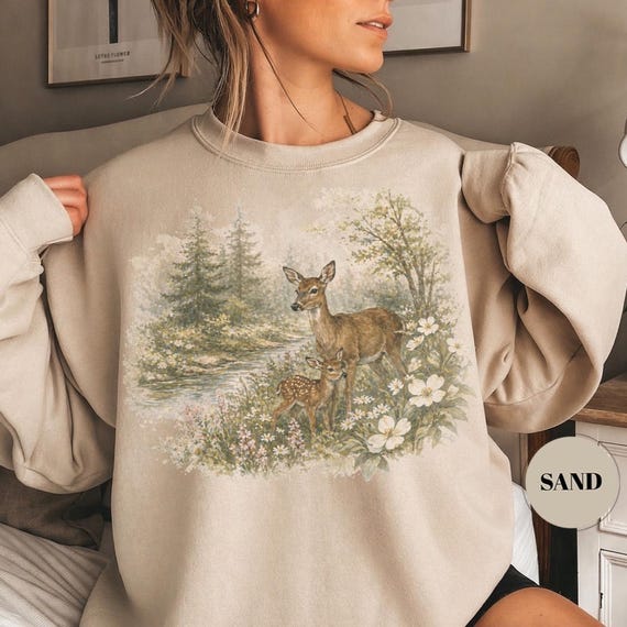 Vintage 90s Deer Woodland Sweatshirt, Floral Forest Crewneck, Cottagecore Nature Pullover, Botanical Fawn Shirt, Boho Wildflower Outfit