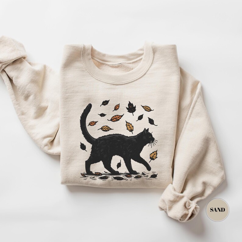 Black Cat Autumn Sweatshirt, Cat Graphic Tee, Gift For Cat Lovers, Cat Moms, Cozy Women Sweatshirt, Kitten Mom Sweater, Comfy Fall T-Shirt image 1