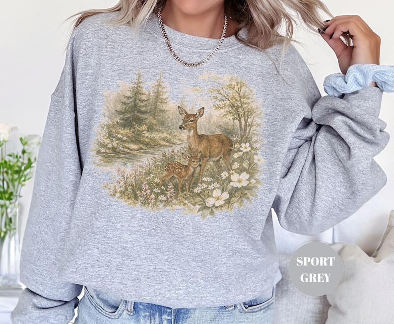 May include: Sport grey sweatshirt featuring a detailed illustration of a doe and fawn in a meadow with white flowers and trees. The design is in a vintage style. The sweatshirt is a comfortable, casual style.