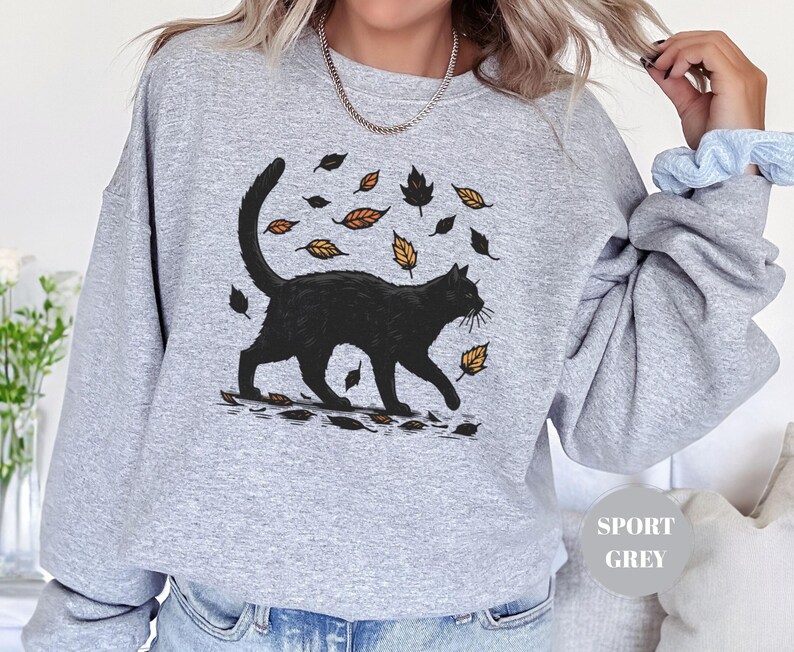 Black Cat Autumn Sweatshirt, Cat Graphic Tee, Gift For Cat Lovers, Cat Moms, Cozy Women Sweatshirt, Kitten Mom Sweater, Comfy Fall T-Shirt image 5