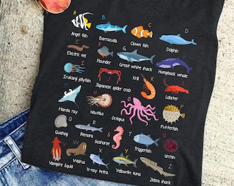 Può includere: Una maglietta nera con un grafico dell'alfabeto bianco che presenta illustrazioni di creature marine. Ogni lettera dell'alfabeto è abbinata a una creatura marina diversa, come un pesce angelo, una barracuda, un pesce pagliaccio, un delfino, una murena elettrica, una platessa, un grande squalo bianco, una megattera, una medusa irukanji, un granchio ragno giapponese, krill, un'aragosta, una manta, un nautilus, un polpo, un pesce palla, un quahog, una remora, un cavalluccio marino, un pesce balestra, un riccio di mare, una tricheco, un tetra a raggi X, un tonno pinna gialla e uno squalo zebra.