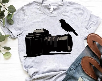 Camera and Bird Shirt - Photographer Nature Lover Tee - Birdwatching Wildlife Photography Graphic T-Shirt