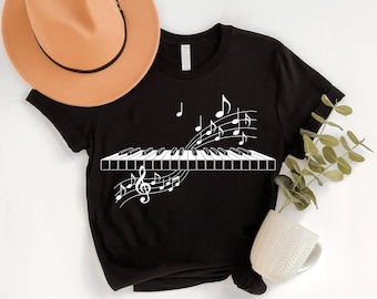 Piano Keyboard T-Shirt: Music Notes Treble Clef Graphic Tee