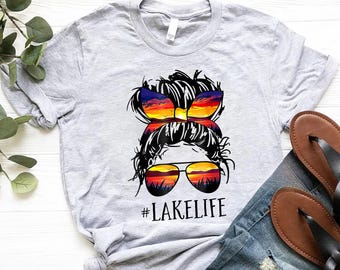 Lake Life Messy Bun T-Shirt: Sunset Boating Outfit