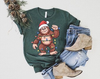 Funny Bigfoot Christmas Lights T-Shirt: Sasquatch Holiday Tee