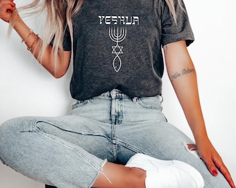 Yeshua Messianic Christian T-Shirt: Hebrew Name with Menorah & Star of David