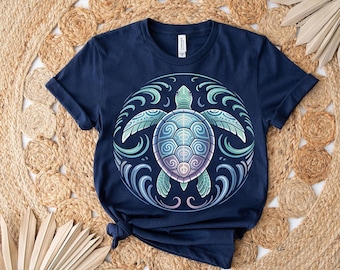 Tribal Sea Turtle Cotton Tee: Boho Ocean Wave Design