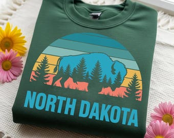 Sudadera con bisonte de Dakota del Norte: camiseta retro con orgullo estatal - Aventura de senderismo