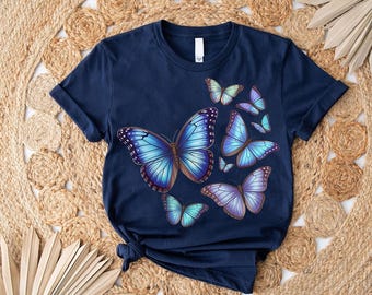 Blue Butterfly Cotton T-Shirt: Nature Art Apparel