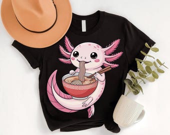 Cute Axolotl Eating Noodles - Funny Axolotl Eating Ramen T-Shirt - Quirky Animal Lover Tee - Axolotl Japanese Gift Shirt