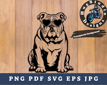 Bulldog con gafas de sol de corazón SVG: Diseño de camiseta de perro, calcomanía (descarga digital)