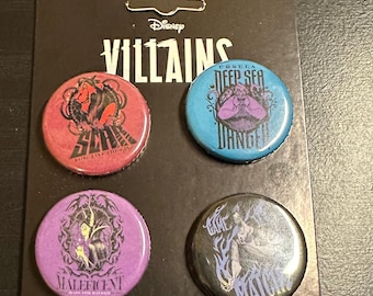Disney Villains Collectible Button Set of 4 - Scar, Maleficent, Ursula, and Hades
