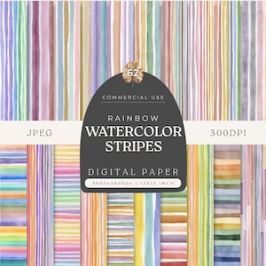 May include: Digital paper featuring watercolor stripes in a variety of colors, including purple, green, yellow, and orange. The image includes text that reads "Rainbow Watercolor Stripes" and "Digital Paper". The paper is 12x12 inches and 300 DPI.