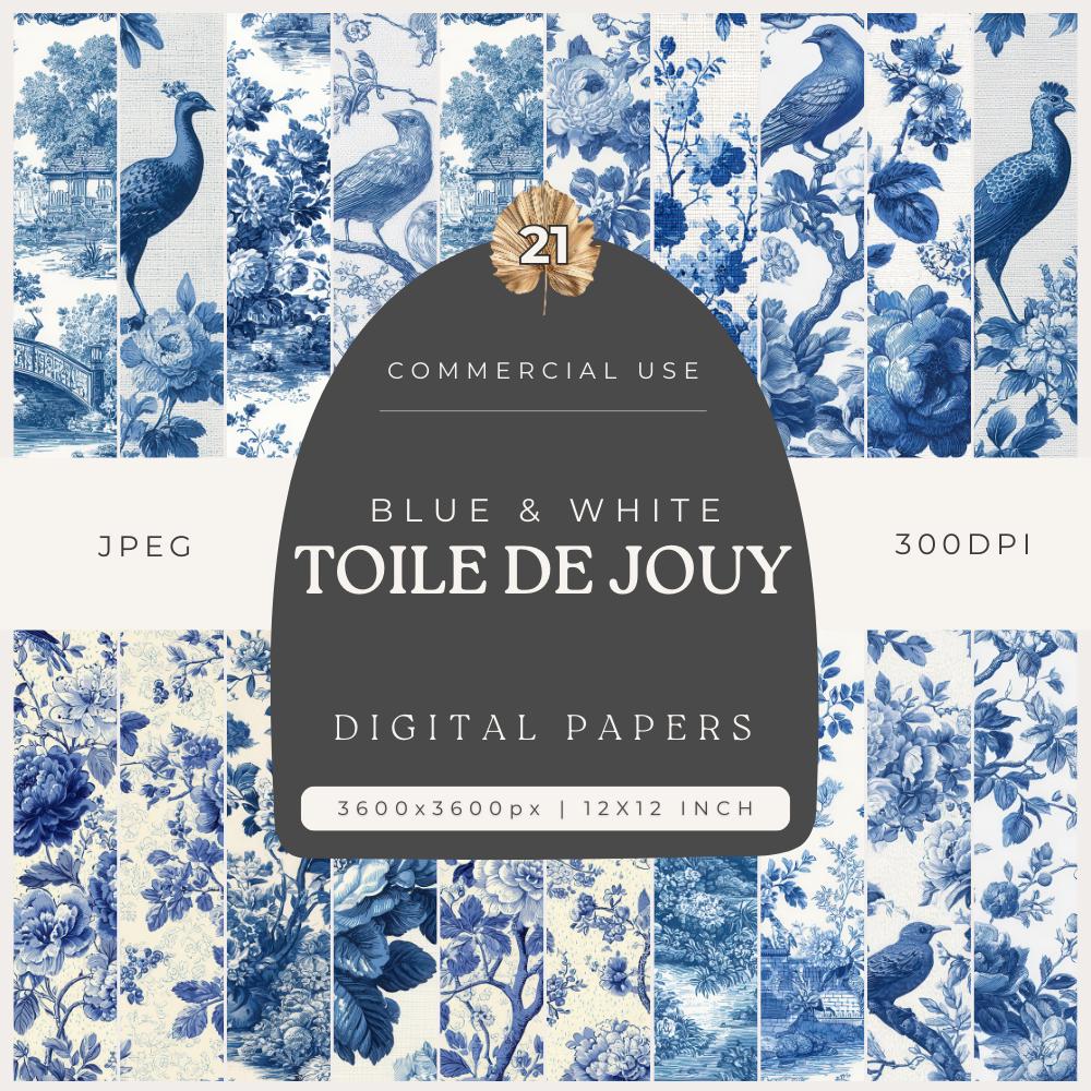 Blue Toile De Jouy Digital Paper Pack, Blue and White Chinoiserie ...