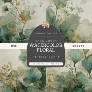 May include: Sage green watercolor floral digital paper with a botanical theme. The image features a collage of watercolor leaves and flowers in shades of green, beige, and brown. The text on the image reads "Sage Green Watercolor Floral Digital Paper" and "3600x3600px | 12x12 inch".