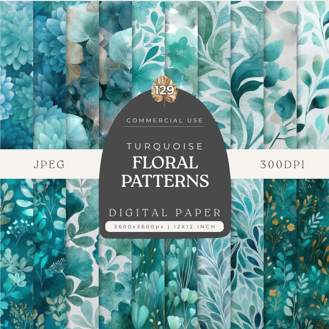 Turquoise Border Paper Floral Turquoise Watercolor Backgrounds, Blue Digital Papers, Printable ...