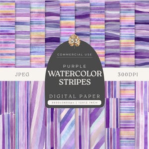 Peut inclure: Un ensemble de papiers numériques avec des rayures aquarelles dans diverses nuances de violet, avec des touches de bleu, de rose et de jaune. L'image comprend le texte "Purple Watercolor Stripes" et "Digital Paper", avec des dimensions de 3600x3600px et 30.48x30.48 cm.