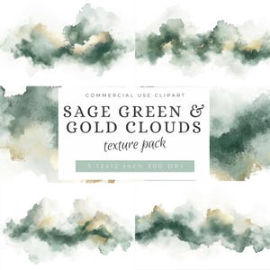 Saliegroen en goud getextureerde aquarel wolken, instant download, digitaal papier voor achtergronden, aquarel, hoge kwaliteit, 300 dpi briefpapier