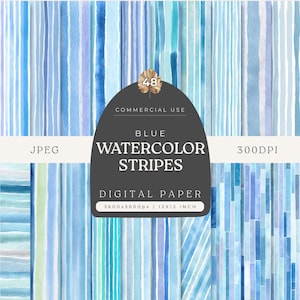 May include: Digital paper featuring watercolor stripes in various shades of blue. The design includes vertical stripes with a hand-painted aesthetic. The image also includes the text "Blue Watercolor Stripes" and "Digital Paper".
