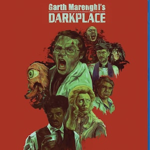 May include: Blu-ray disc of "Garth Marenghi's Darkplace: The Complete Series." The cover features a red background with a group of illustrated characters in shades of green, white, and black. The title is in white block letters.