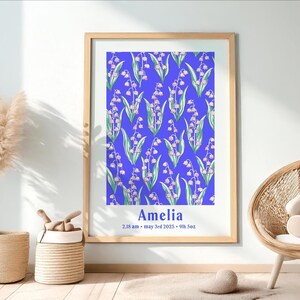 Personalisiertes Baby-Namensplakat - Hand gezeichnetes Maiglöckchen-Wandbild, eleganter Druck der Geburtszahlen, individuelles Blumenkinderzimmerdekor, neues Babygeschenk