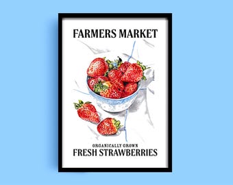 Sztuka ścienna Strawberry Market, plakat Red Fruit, wydruk akwareli kuchennej, pobieranie cyfrowe, wystrój targu rolników, ręcznie malowane truskawki