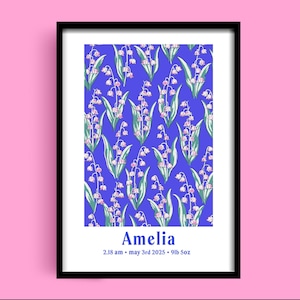 Personalised Baby Name Poster –Hand Drawn Lily of the Valley Wall Art, Elegant Birth Stats Print, Custom Floral Nursery Decor, New Baby Gift