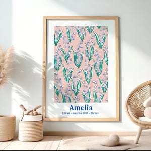Personalised Baby Name Poster –Hand Drawn Lily of the Valley Wall Art, Elegant Birth Stats Print, Custom Floral Nursery Decor, New Baby Gift