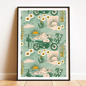 Decorazione murale con motociclette dell'Arizona, stampa di poster del deserto disegnata a mano, motivo ripetuto di montagne di cactus, arte motociclistica giallo-verde, arredamento del sud-ovest