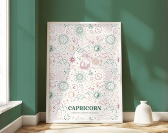 Capricorn Zodiac Print Astrology Star Sign Celestial Mystical Art, Birthday Gift for friend, Tarot Card Boho Decor Neutral Decor