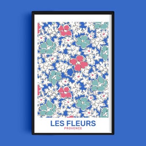 Affiche du marché aux fleurs bleues, art mural citation Français, imprimé floral peint à la main, déco parisienne rétro, impression d'art botanique vintage