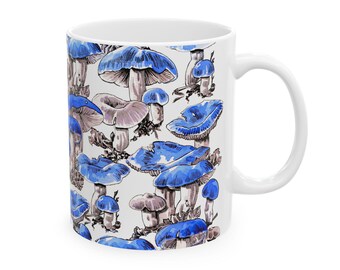 Blue Mushroom Mug  Hand Painted Ceramic Cup Whimsical Fungi Design Unique Gift for CoffeeTea Lovers