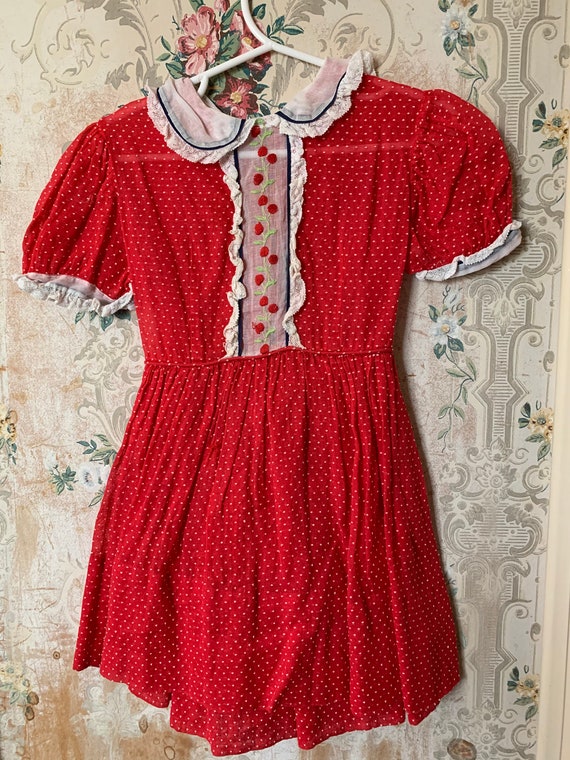 Girls Vintage 1950s Red Sheer Swiss Dot Cherry Dre