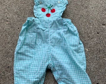 Girls Vintage 50s Gingham Cherry Overalls 3-6m