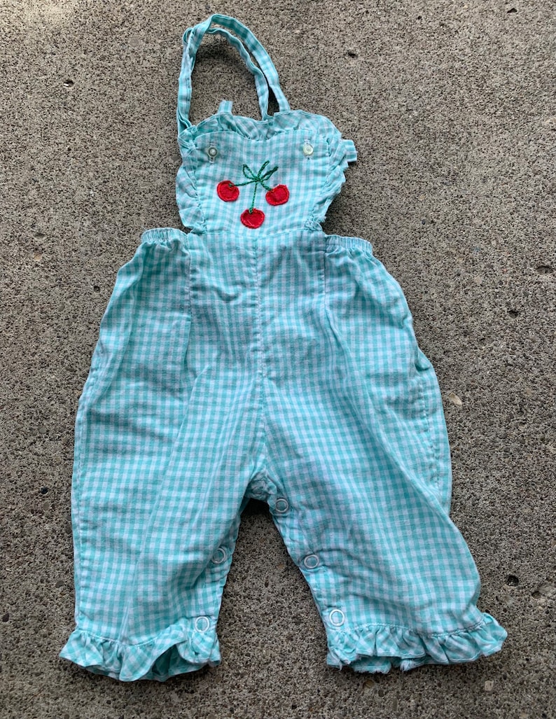 Girls Vintage 50s Gingham Cherry Overalls 3-6m image 1