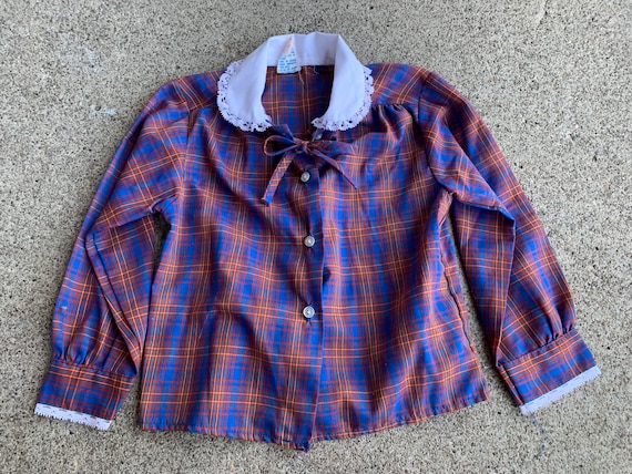 Girls Vintage Plaid Blouse with Bow - image 1