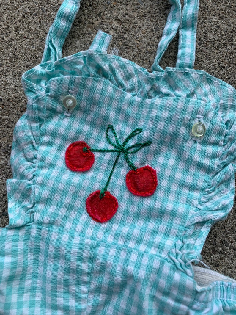 Girls Vintage 50s Gingham Cherry Overalls 3-6m image 2