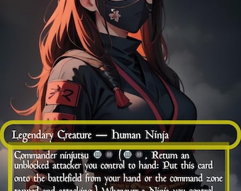 May include: A Magic: The Gathering card featuring Yuriko, the Tiger's Shadow. The card depicts a female ninja with long dark hair and a mask. The card text includes "Legendary Creature - Human Ninja" and other game instructions. The card has a power/toughness of 1/3.