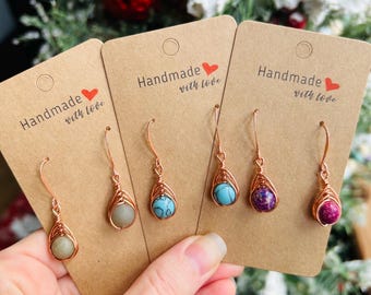 Gemstone Wire Wrapped Earrings, Herringbone Earrings, Copper Wire Earrings, Natural Stone Earrings, Boho Earrings, Hippie Earrings, Gift