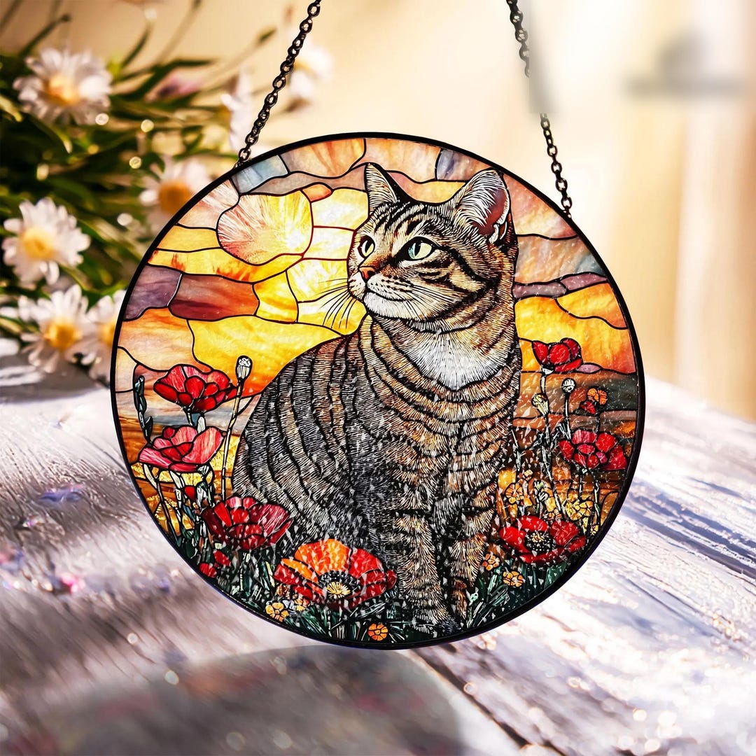 Tabby Cat Stained Glass Suncatcher With Orange Poppies, Cat Ornament ...