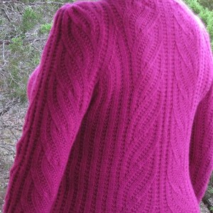 May include: A magenta knitted sweater with a cable knit pattern.