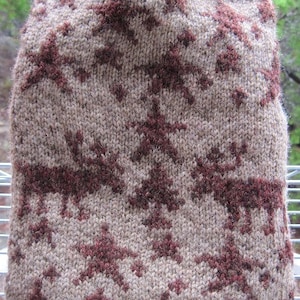 May include: A knitted brown and burgundy sweater with a star pattern.